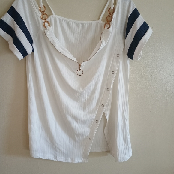 SHEIN Tops - SHEIN White Blouse with Navy and Gold Details